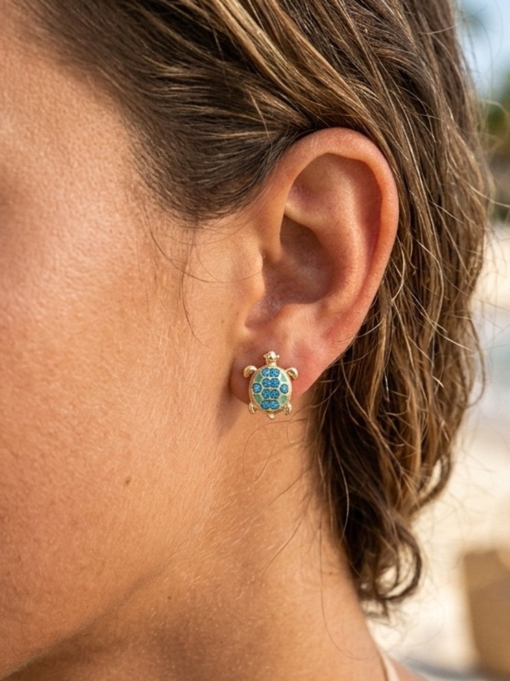 Gold Turtle Stud Earrings with Teal Crystal Shell